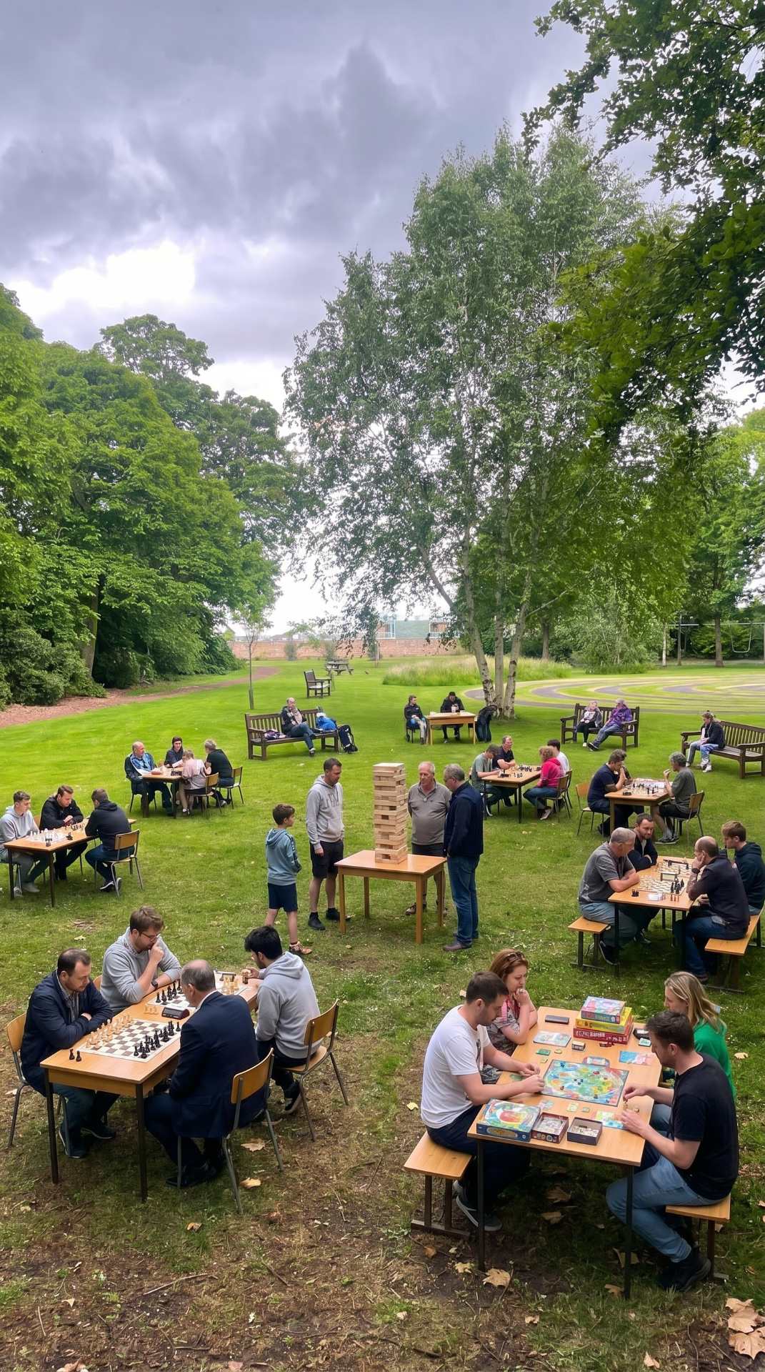 People enjoying chess, giant Jenga and board games in Kinburn Park