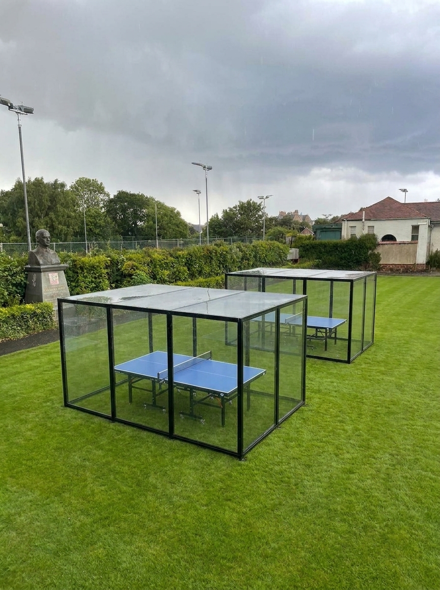 Two covered outdoor table tennis enclosures on the grass
